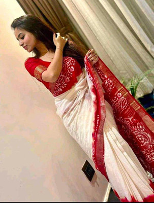 BiswasTextiles Self Design Handloom Cotton Blend Saree(White)