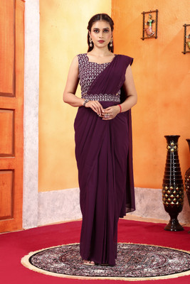 PATLANI STYLE Solid/Plain Pre Draped Saree Georgette Saree(Magenta)