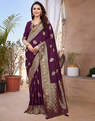 Satrani Woven, Embellished Banarasi Silk Blend, Jacquard Saree(Purple, Gold)