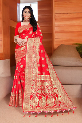 ALMEDA Woven Kanjivaram Silk Blend, Jacquard Saree(Red)