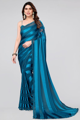 MIRCHI FASHION Striped, Solid/Plain Bollywood Georgette Saree(Blue)