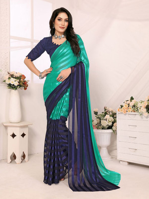 Moda Rapido Striped, Self Design Daily Wear Satin Saree(Blue)