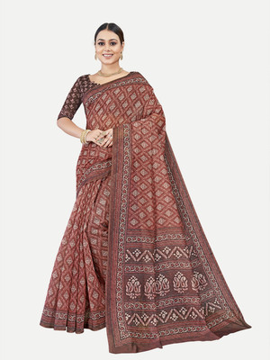 Tavas Printed Chanderi Chanderi Saree(Brown)
