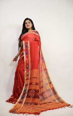 Angona Textile Checkered, Striped, Woven Ikkat Pure Cotton Saree(White)