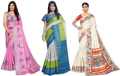 Nirvaan Printed Kalamkari Art Silk Saree(Pack of 3, Pink, White, Blue, Cream)