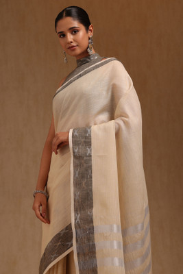 soch Solid/Plain Saree with Attached Blouse Linen Saree(Cream)
