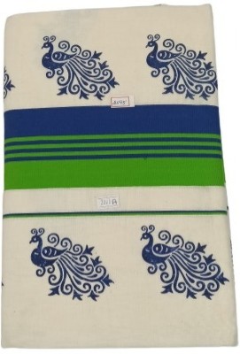 VKC SAREES Printed Kasavu Cotton Blend Saree(Blue)