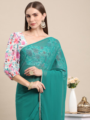 BAPS Solid/Plain, Floral Print Bollywood Georgette Saree(Green)
