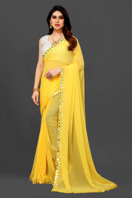 Laddu creation Embellished Bollywood Georgette, Silk Blend Saree(Yellow)