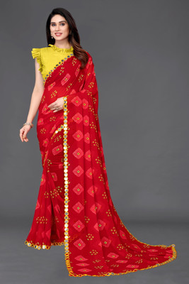 SARETRA MALL Printed Bandhani Georgette Saree(Red)