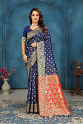 kevami fashion Woven Kanjivaram Pure Silk Saree(Dark Blue)