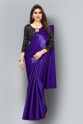 SARETRA MALL Solid/Plain Bollywood Silk Blend, Satin Saree(Purple)