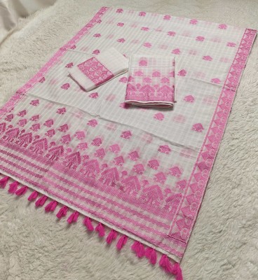 Skiran's Printed Mekhela Chador Cotton Blend Saree(White)