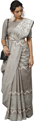Akhilam Printed Tant Art Silk Saree(Grey)