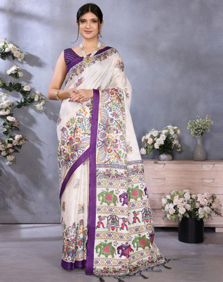 YASHIKA Printed Kalamkari Art Silk Saree(White, Purple)