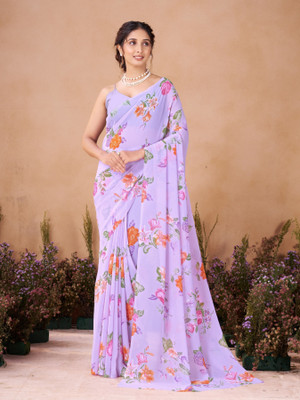GARDEN VARELI Floral Print Bollywood Georgette Saree(Purple)