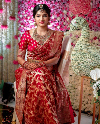 PHEASANT Printed, Self Design, Paisley, Woven, Embellished, Applique Kanjivaram Jacquard, Art Silk Saree(Red)