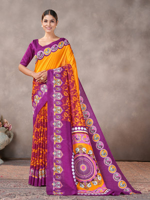 GARDEN VARELI Geometric Print Saree with Attached Blouse Silk Blend Saree(Purple)