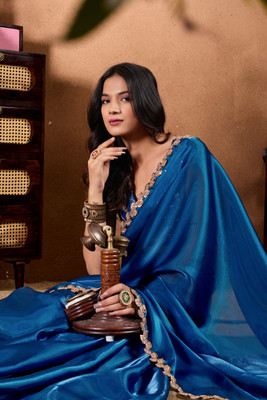 Disha Fashion Solid/Plain, Embroidered Bollywood Art Silk Saree(Blue)