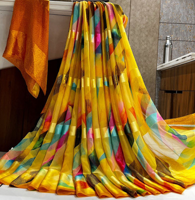 Bombey Velvat Fab Embellished Arani Pattu Georgette, Chiffon Saree(Yellow, Multicolor)