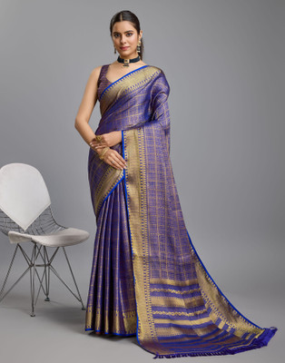 Samah Woven, Embellished, Self Design Kanjivaram Silk Blend, Jacquard Saree(Dark Blue, Gold)