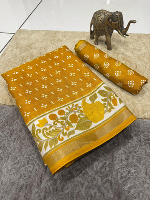 Vihan Fab Printed Kalamkari Mulmul Saree(Mustard)