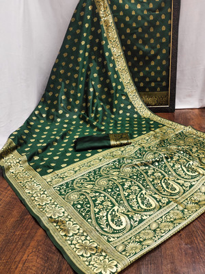 GajGajra Self Design, Embellished, Woven Banarasi Cotton Silk, Silk Blend Saree(Green)