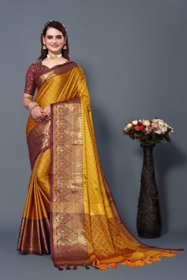 HouseOfCommon Woven Bollywood Jacquard, Art Silk Saree(Mustard, Maroon)