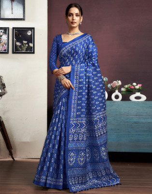 Samah Printed, Embellished Daily Wear Cotton Blend Saree(Dark Blue, White)