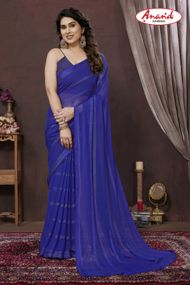Anand Sarees Embellished, Striped, Self Design Bollywood Satin Saree(Blue)