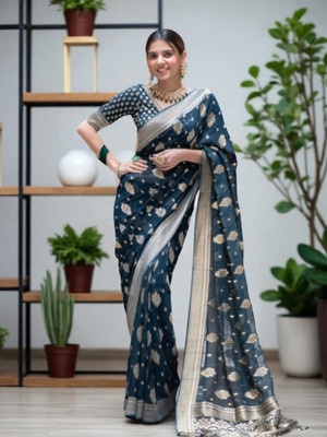 HouseOfCommon Printed Banarasi Jacquard, Art Silk Saree(Blue)