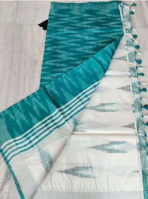 ikkat Printed Bhagalpuri Cotton Blend Saree(White, Blue)