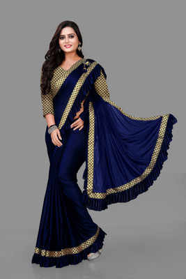 fentik.com Solid/Plain Bollywood Lycra Blend Saree(Dark Blue)