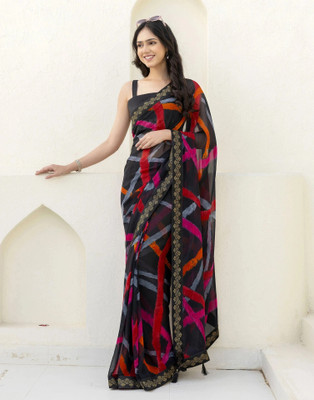 Samah Printed Daily Wear Georgette, Chiffon Saree(Black)