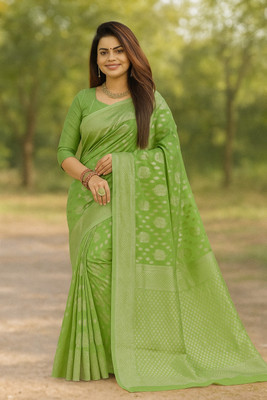 Samai Printed Banarasi Cotton Blend Saree(Light Green)