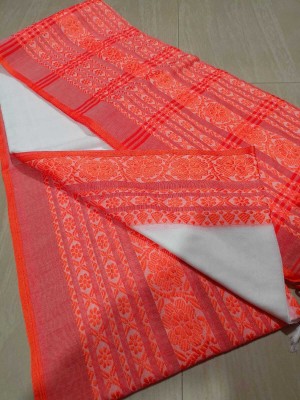Ganesh plastic and industry Printed Handloom Cotton Jute Saree(White, Orange)