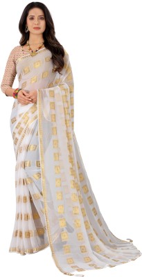 Aardiva Printed Handloom Chiffon Saree(White)