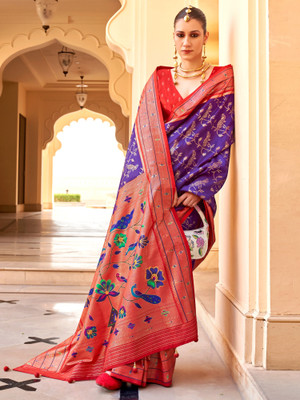 Tasrika Woven Banarasi Silk Blend Saree(Purple)