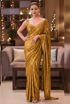 HouseOfCommon Embroidered Bollywood Georgette Saree(Gold)