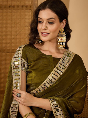 FABMORA Solid/Plain, Embellished Bollywood Tissue Saree(Green)