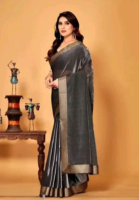 Rudra Enterprise Solid/Plain Bollywood Lycra Saree(Black)