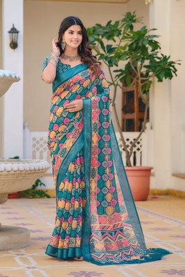Moda Rapido Printed Daily Wear Cotton Linen Saree(Blue)
