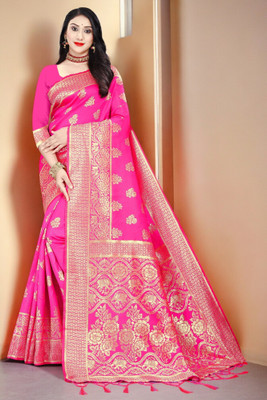 ALMEDA Woven Kanjivaram Silk Blend, Jacquard Saree(Pink)