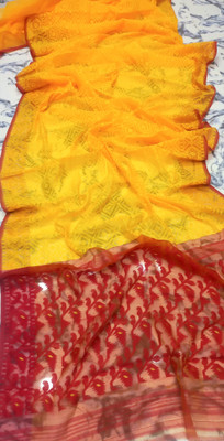Hiya saree And Punjabi house Self Design Jamdani Cotton Blend Saree(White, Red)