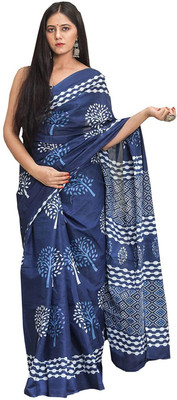 DASTKARPRINT Printed, Color Block, Blocked Printed, Floral Print, Dyed Daily Wear Pure Cotton Saree(Blue)