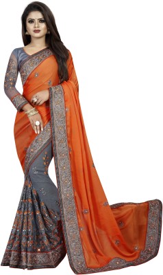 Semizoxis Embellished, Embroidered Bollywood Net, Art Silk Saree(Orange, Grey)