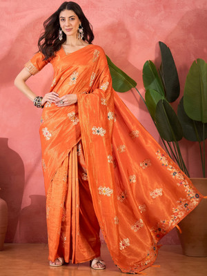 Sangria Self Design Saree with Attached Blouse Silk Blend Saree(Orange)