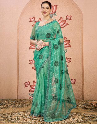 Samah Embroidered, Embellished Bollywood Net Saree(Green)
