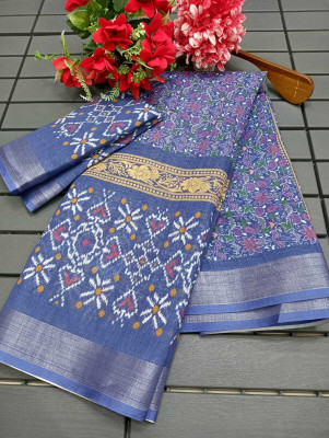 HouseOfCommon Floral Print Kanjivaram Cotton Linen, Linen Saree(Blue)