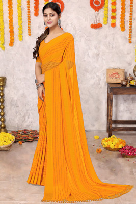 MIRCHI FASHION Solid/Plain, Embellished Bollywood Georgette Saree(Yellow)